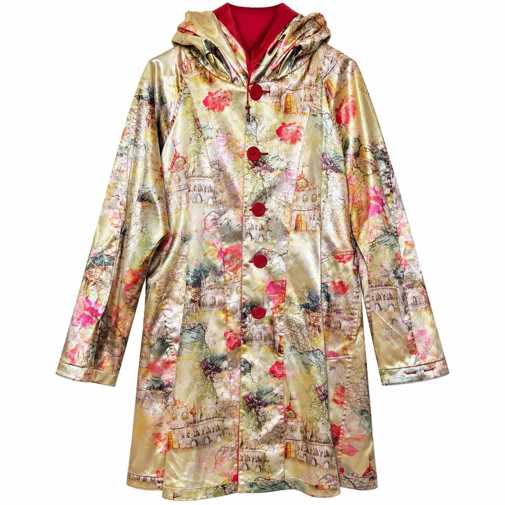 Lindi Coat Women's Large Multicolor Hooded Satin Floral Map Print Rain Coat NWOT